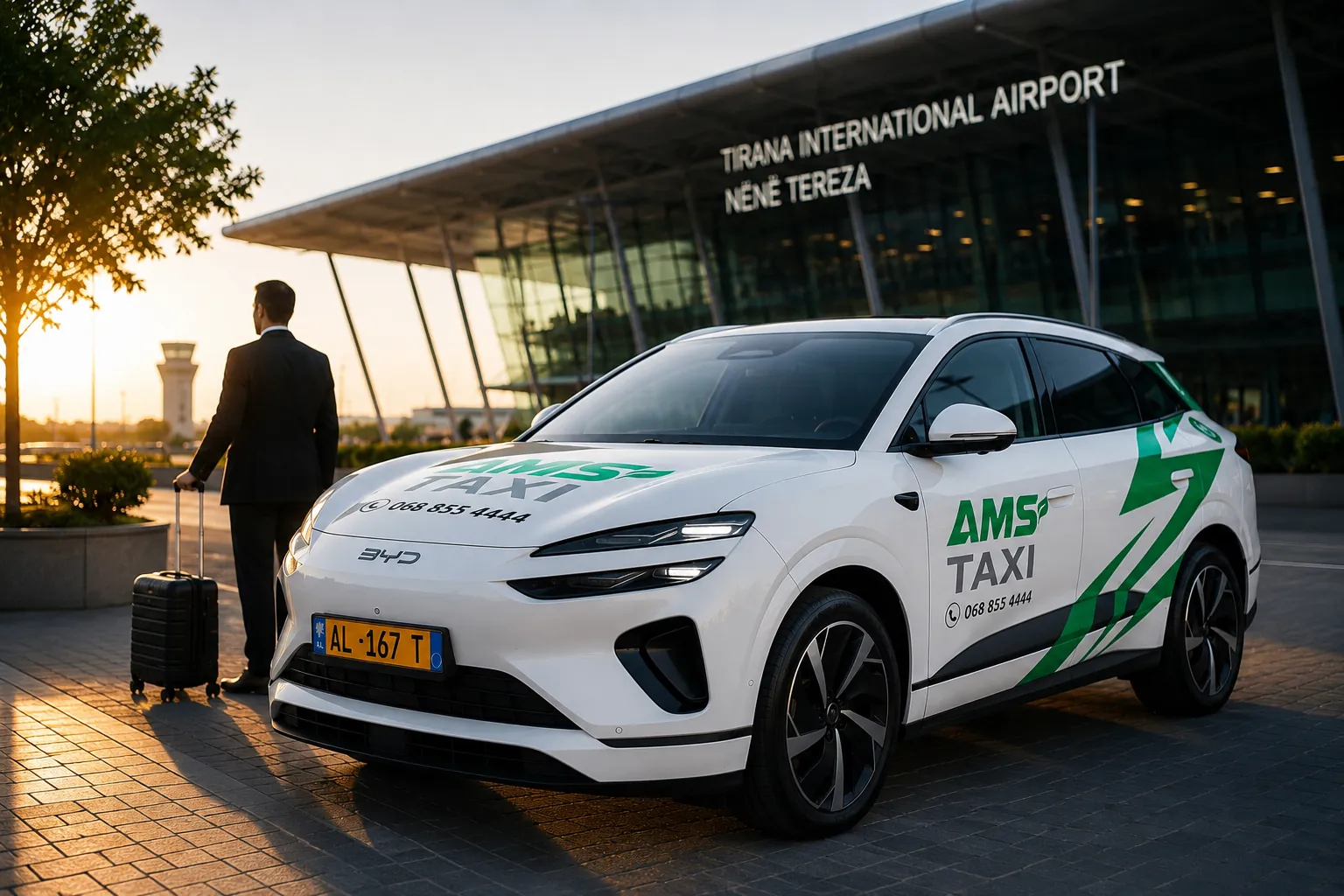 Business traveler being picked up by AMS Taxi at Tirana airport