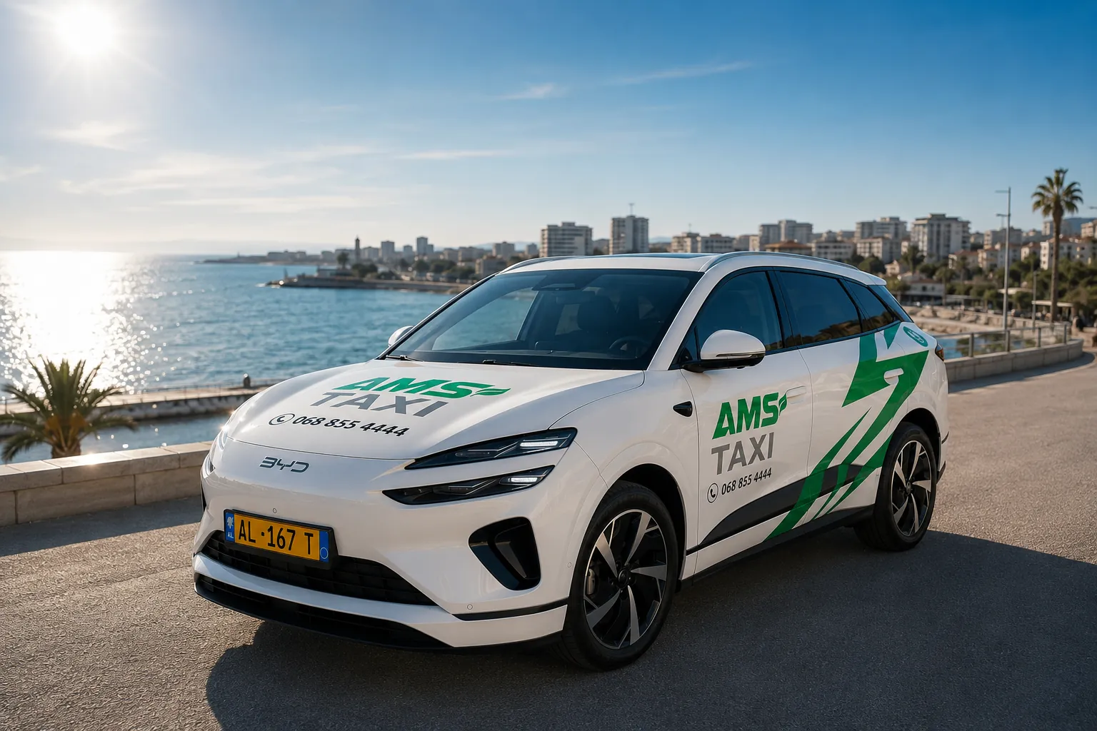 AMS Taxi premium car on the Durrës promenade by day