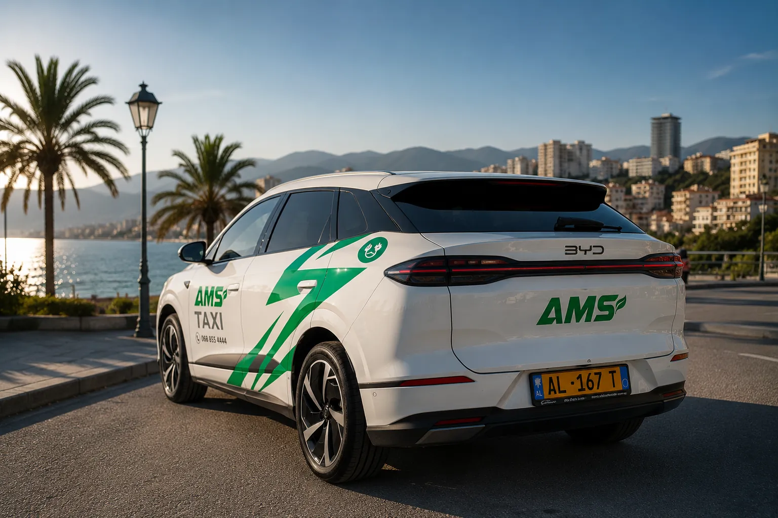 Rear view of the AMS Taxi electric vehicle on the Durrës seafront