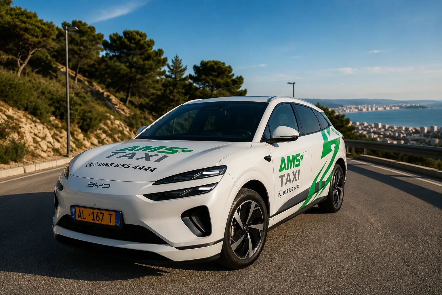 AMS Taxi vehicle overlooking the Durrës coastline from the hillside road