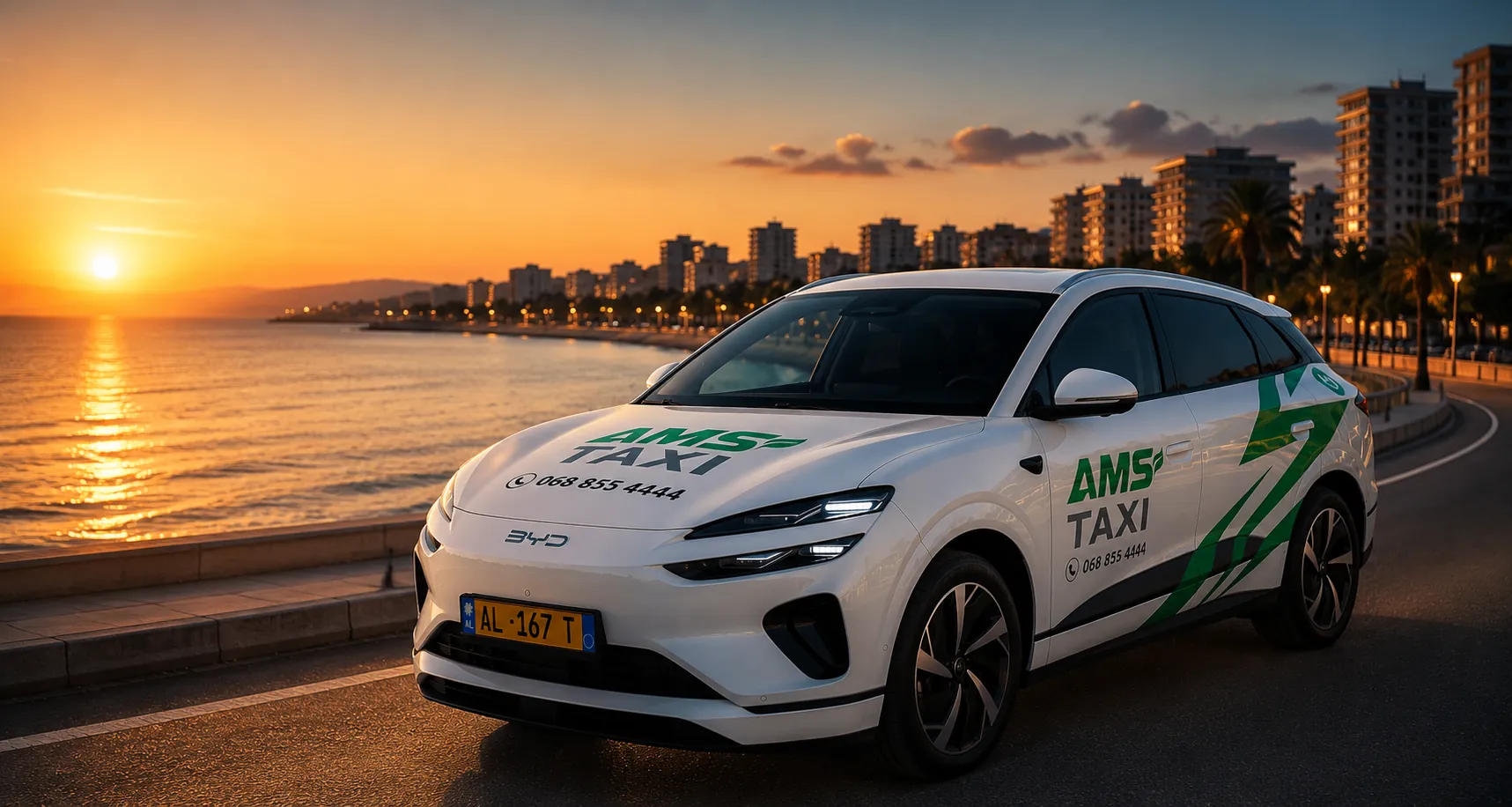 AMS Taxi premium electric car on the Durrës seafront at sunset