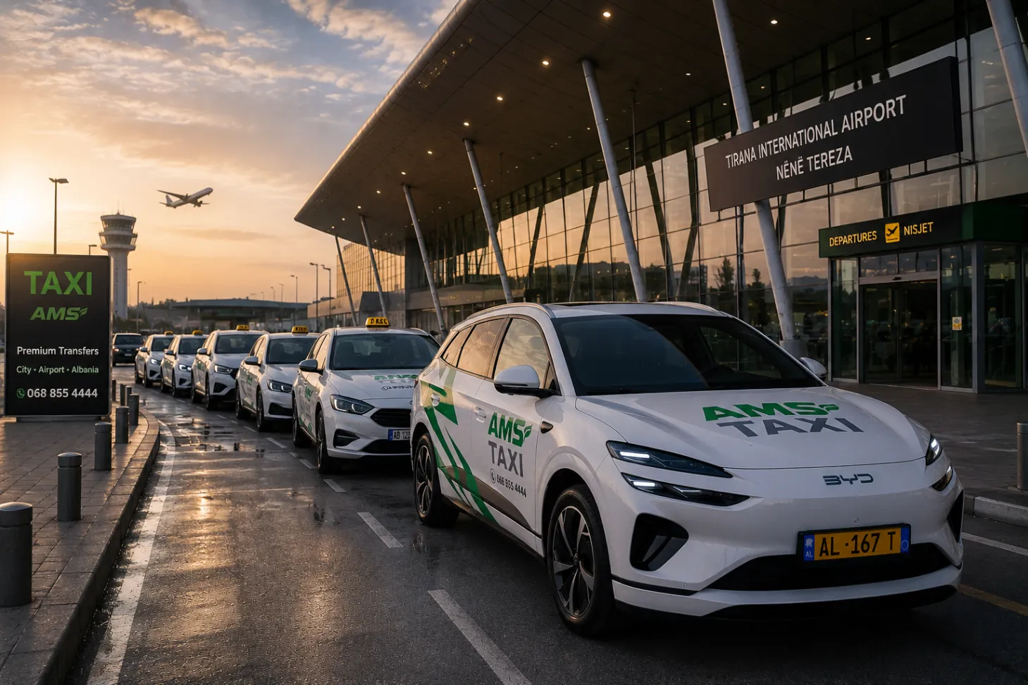 AMS Taxi fleet lined up at Tirana International Airport at sunrise